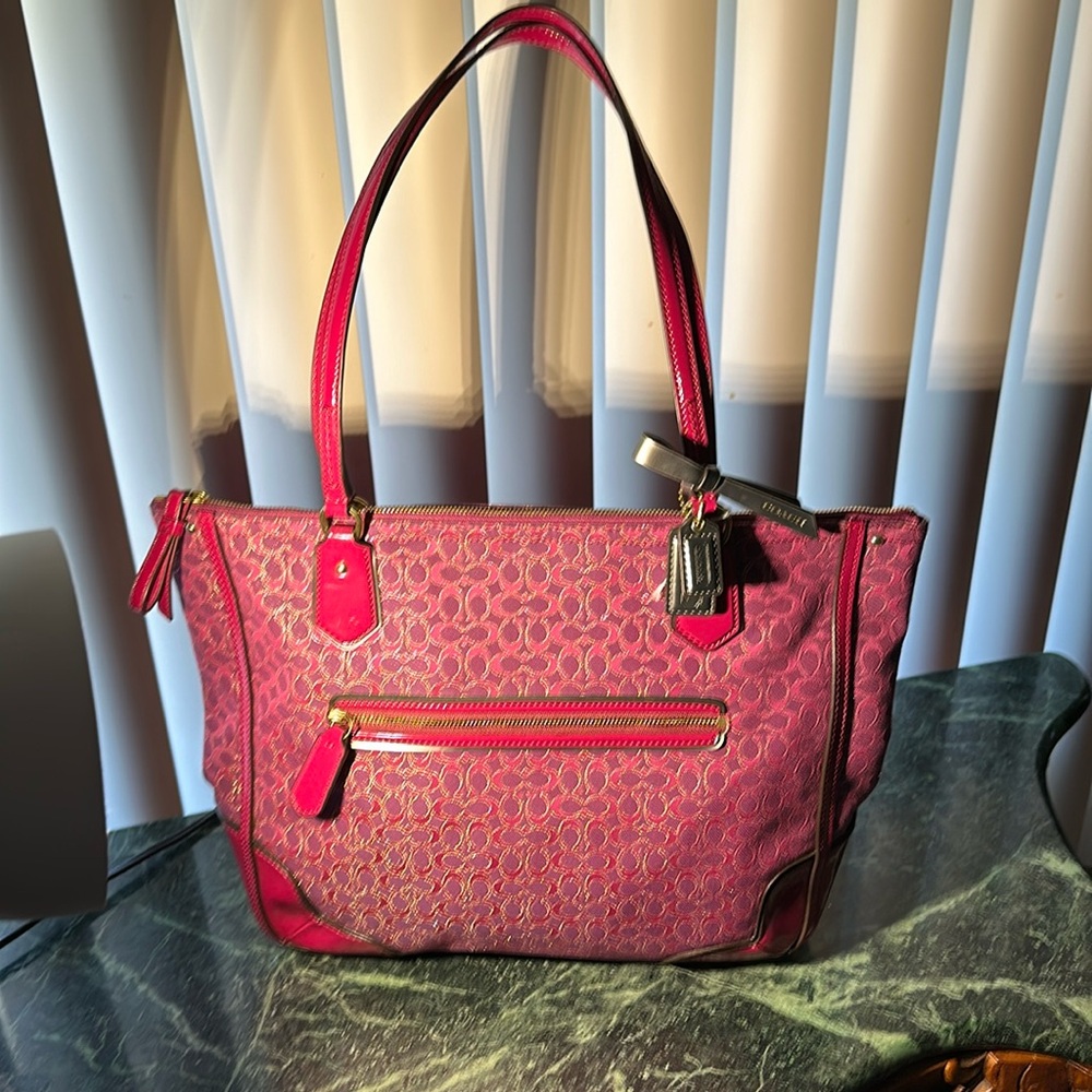 COPY - Coach hot pink signature tote part fabric part pattoned leather double h…